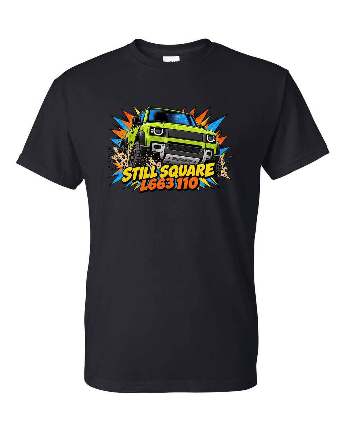 Comic halftone pop-art close-up of a Land Rover Defender L663 headlight with L663 110 lettering black t-shirt front view with the design