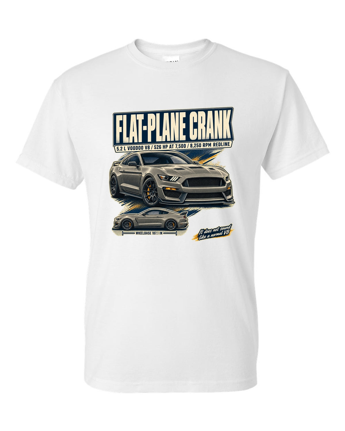 Ford Mustang S550 Shelby GT350 editorial headline print about the flat-plane crank V8 white t-shirt front view with the design
