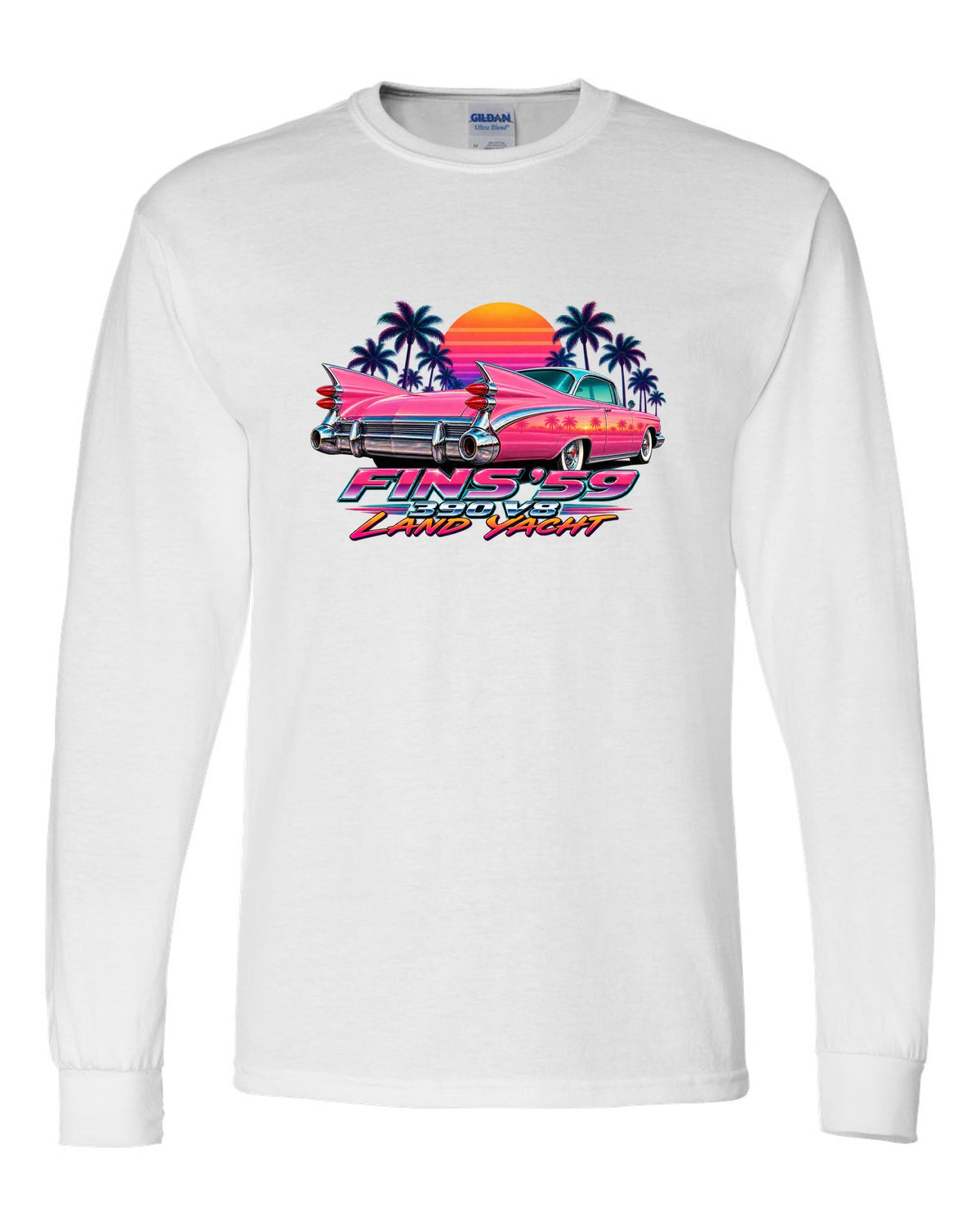 1959 Cadillac Series 62 Coupe de Ville rear fins against an airbrush retro sunset white long sleeve front view with the design