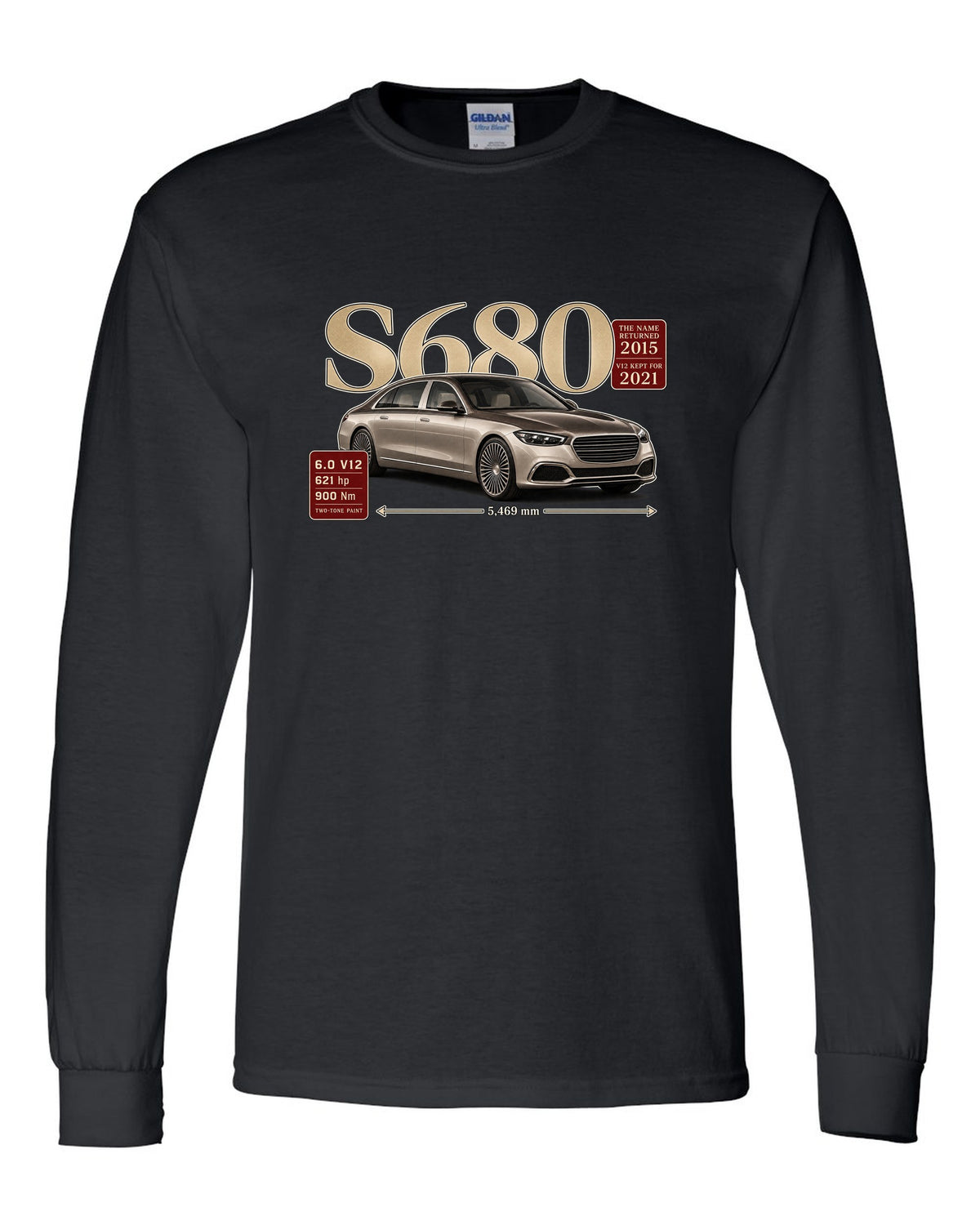 print archive panel of a Mercedes-Maybach S680 Z223 three-quarter with serif title black long sleeve front view with the design