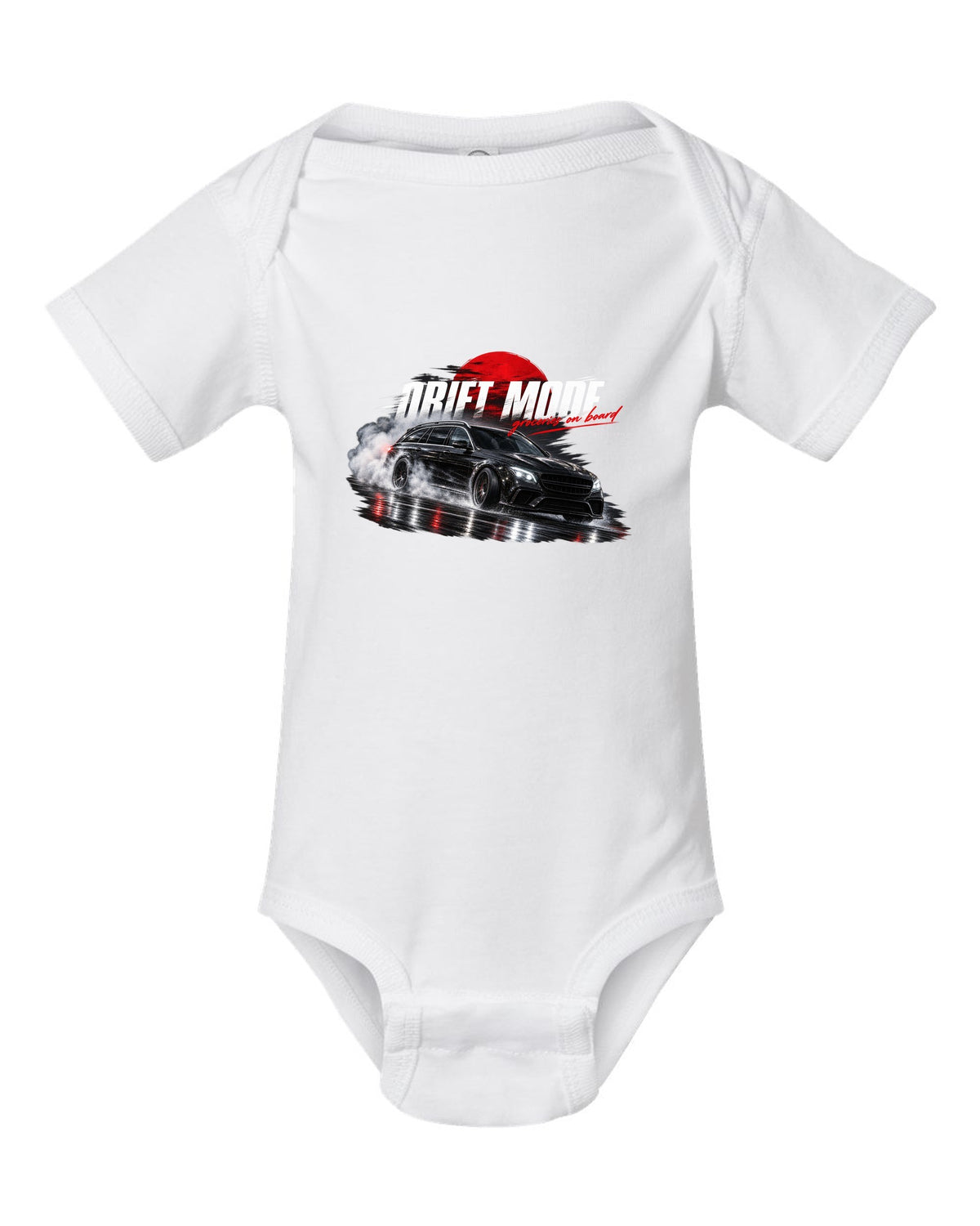 print night drift scene of a 2018 Mercedes E63 S AMG Estate S213 with text Drift Mode groceries on board white baby onesie front view with the design