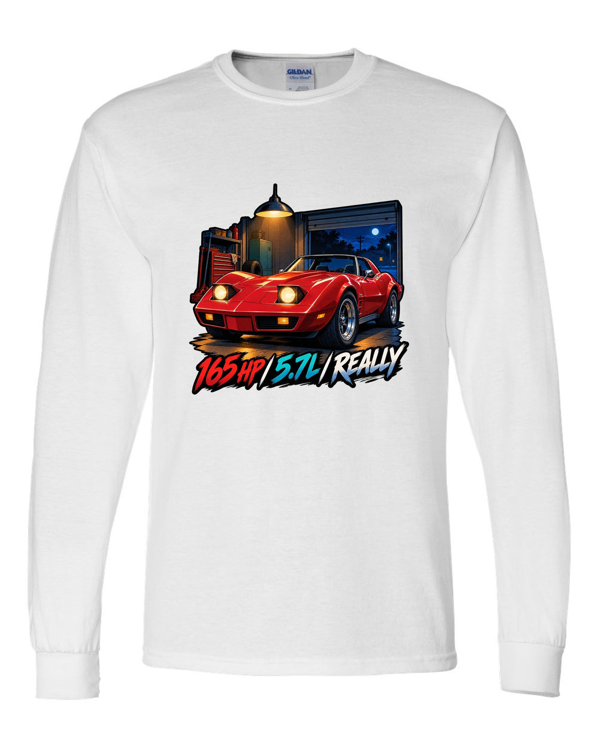 Cel-shaded anime night touge print of a 1975 Chevrolet Corvette C3 Stingray with 165 HP 5.7L lettering white long sleeve front view with the design