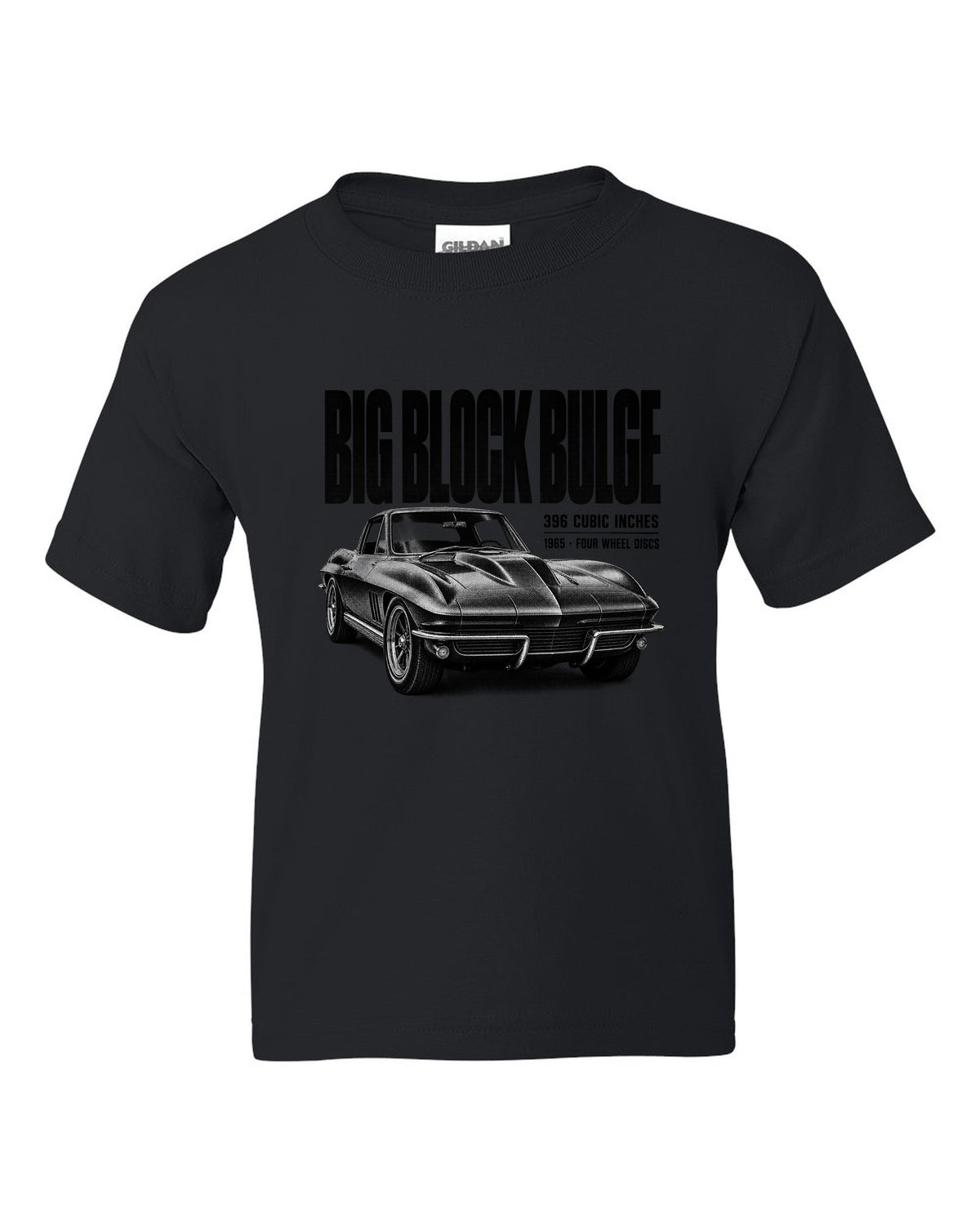 Chevrolet Corvette C2 Sting Ray 1965 big-block 396 hood bulge halftone print black kids tee front view with the design