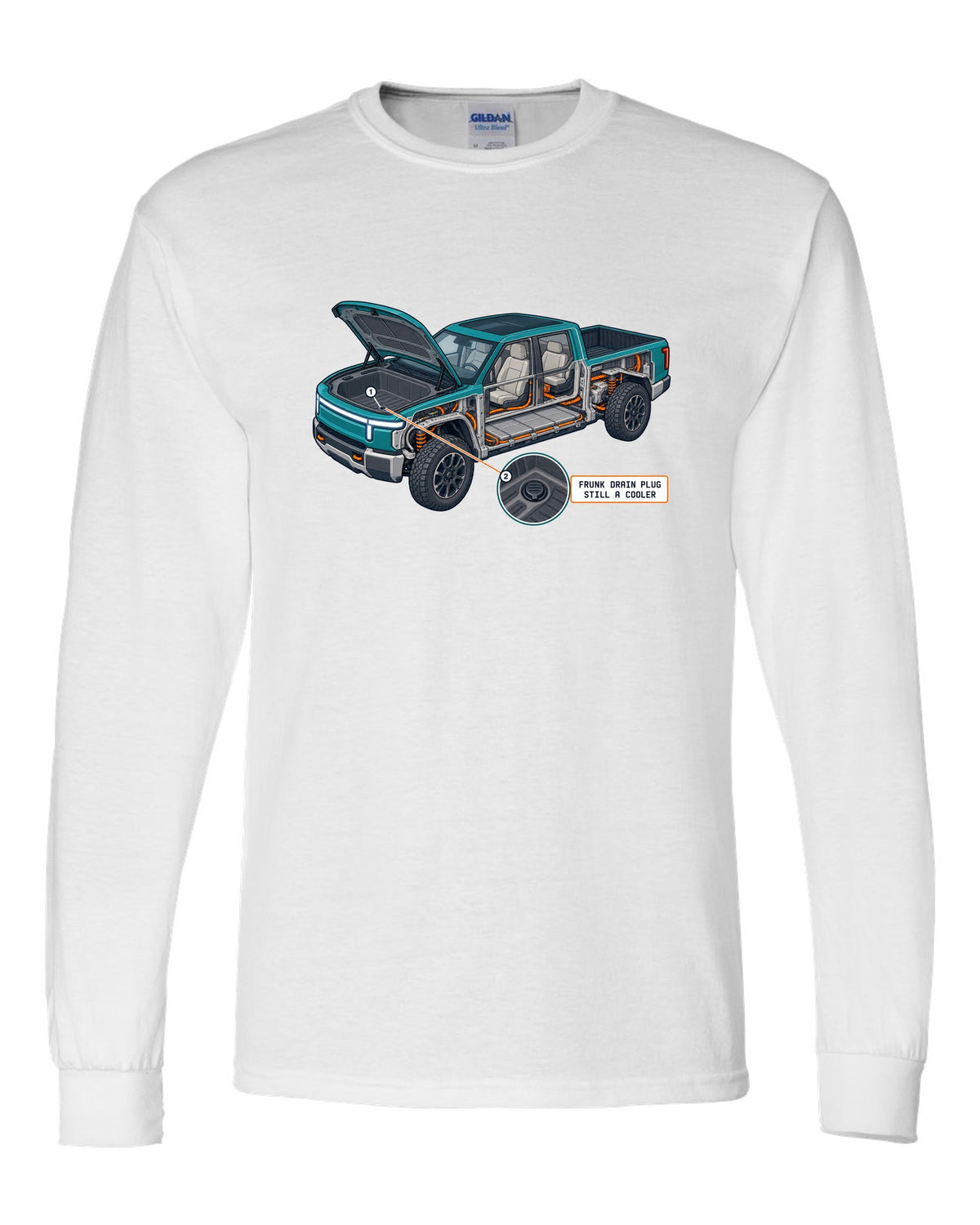Ford F-150 Lightning isometric cutaway print showing the frunk drain plug white long sleeve front view with the design