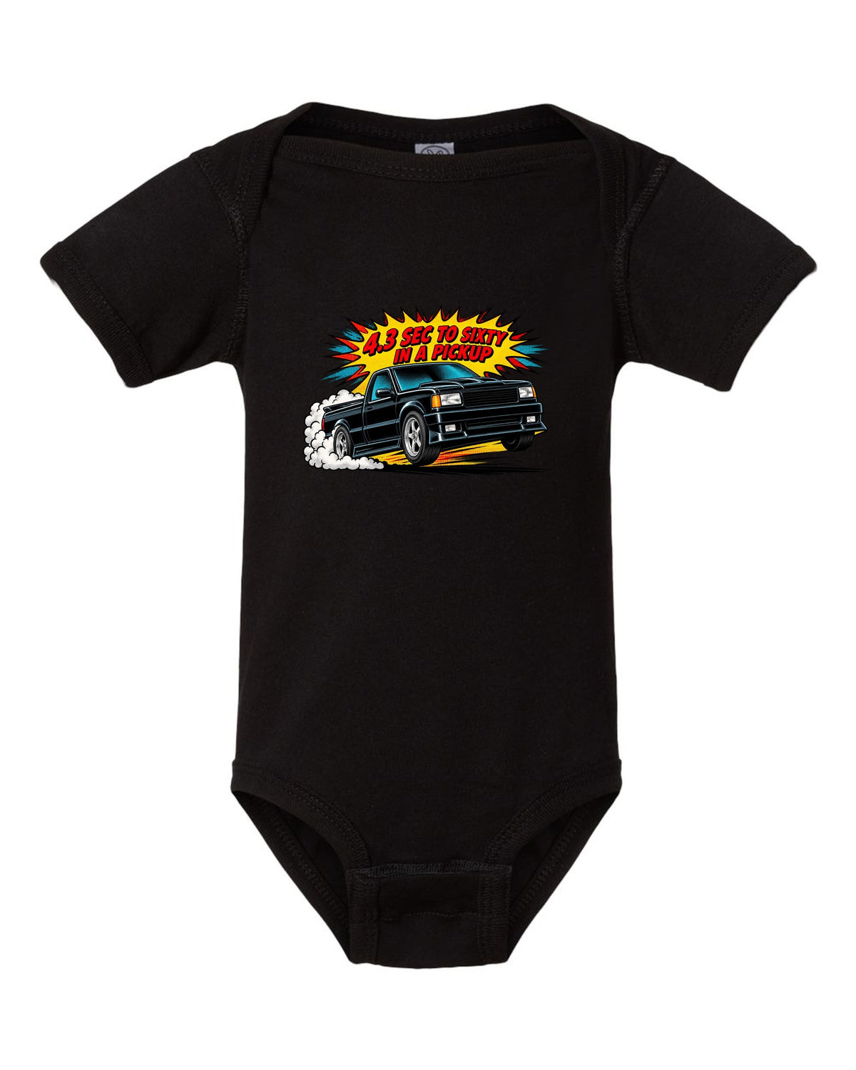 Comic halftone pop-art launch burst print of a 1991 GMC Syclone with 4.3 sec to sixty text black baby onesie front view with the design