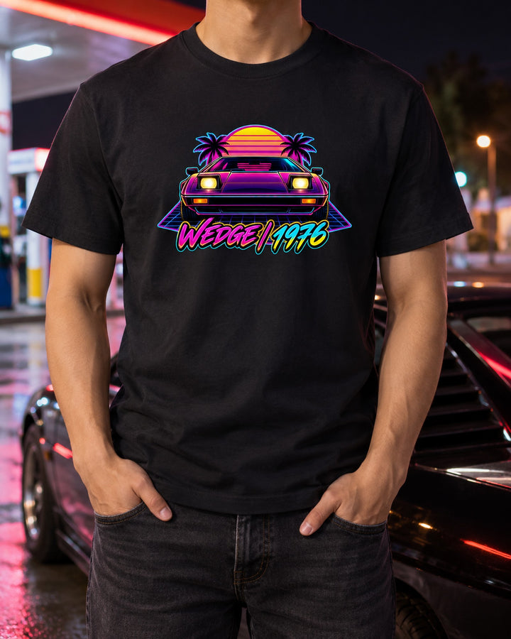 Lotus Esprit 1976 Pop-Up Wedge Neon Shirt, Synthwave Car Tee T-Shirt Black worn hero