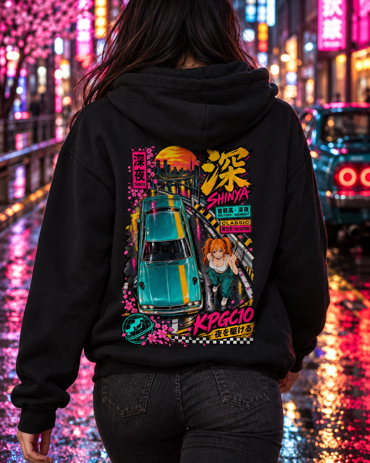 SHINYA KPGC10 Anime Girl Full-Back Graphic Tee Pull Over Hoodie Black worn hero
