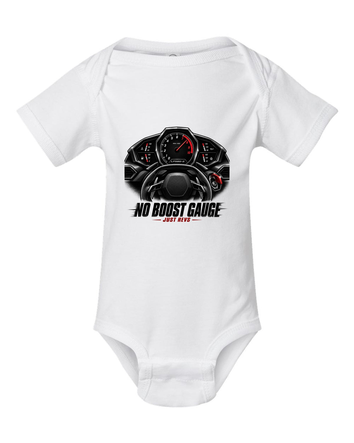 Cockpit gauge print of a Lamborghini Huracan LP580-2 with No Boost Gauge, Just Revs text white baby onesie front view with the design
