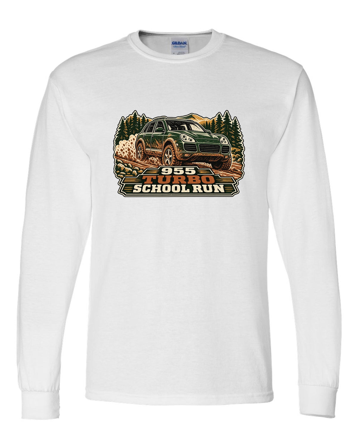 Multi-block linocut print of a muddy Porsche Cayenne Turbo 955 with the text 955, turbo, school run white long sleeve front view with the design