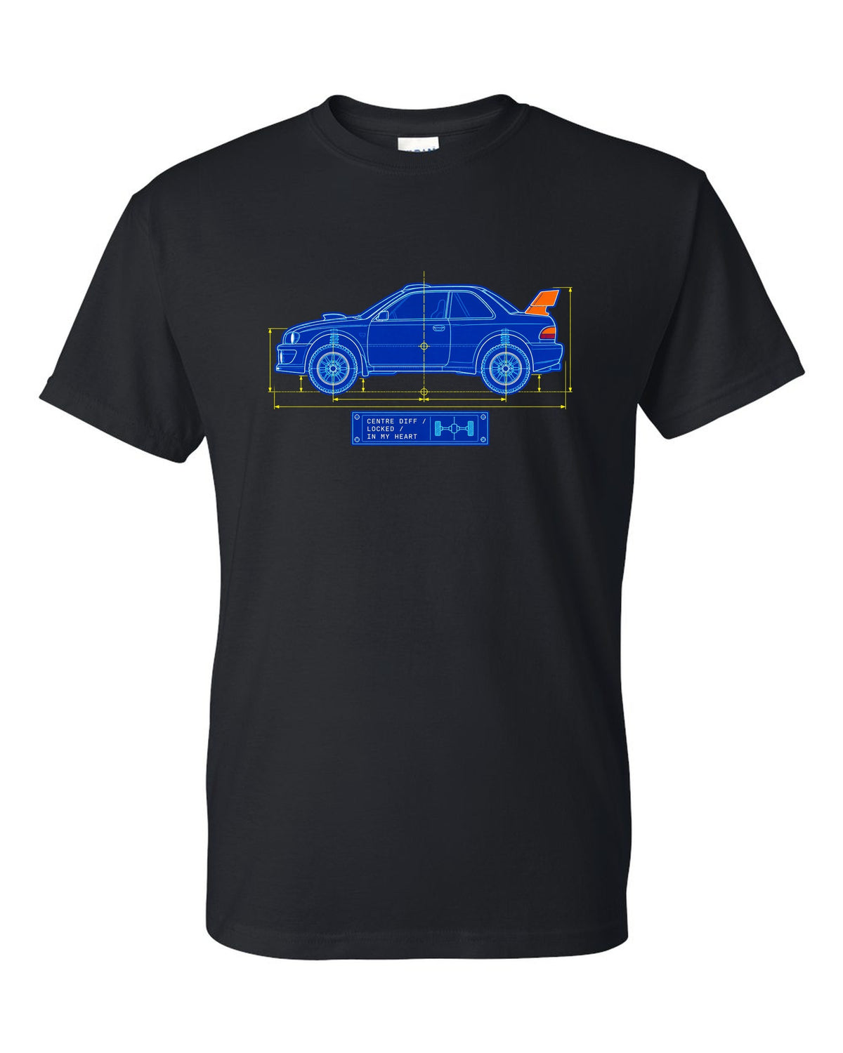 Blueprint line art of a Toyota Celica GT-Four ST185 with centre diff lettering black t-shirt front view with the design