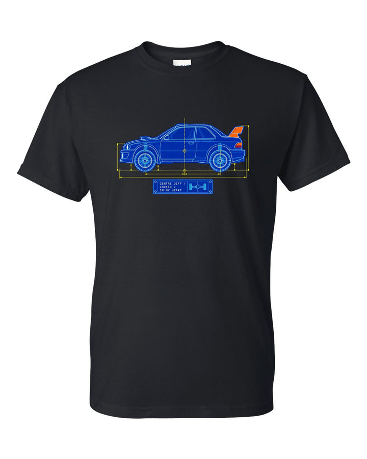 Blueprint line art of a Toyota Celica GT-Four ST185 with centre diff lettering black t-shirt front view with the design