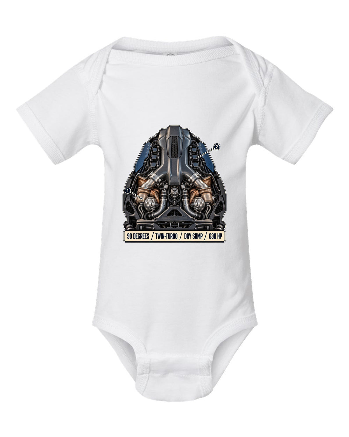 Maserati MC20 Nettuno V6 engine hero illustration, print white baby onesie front view with the design