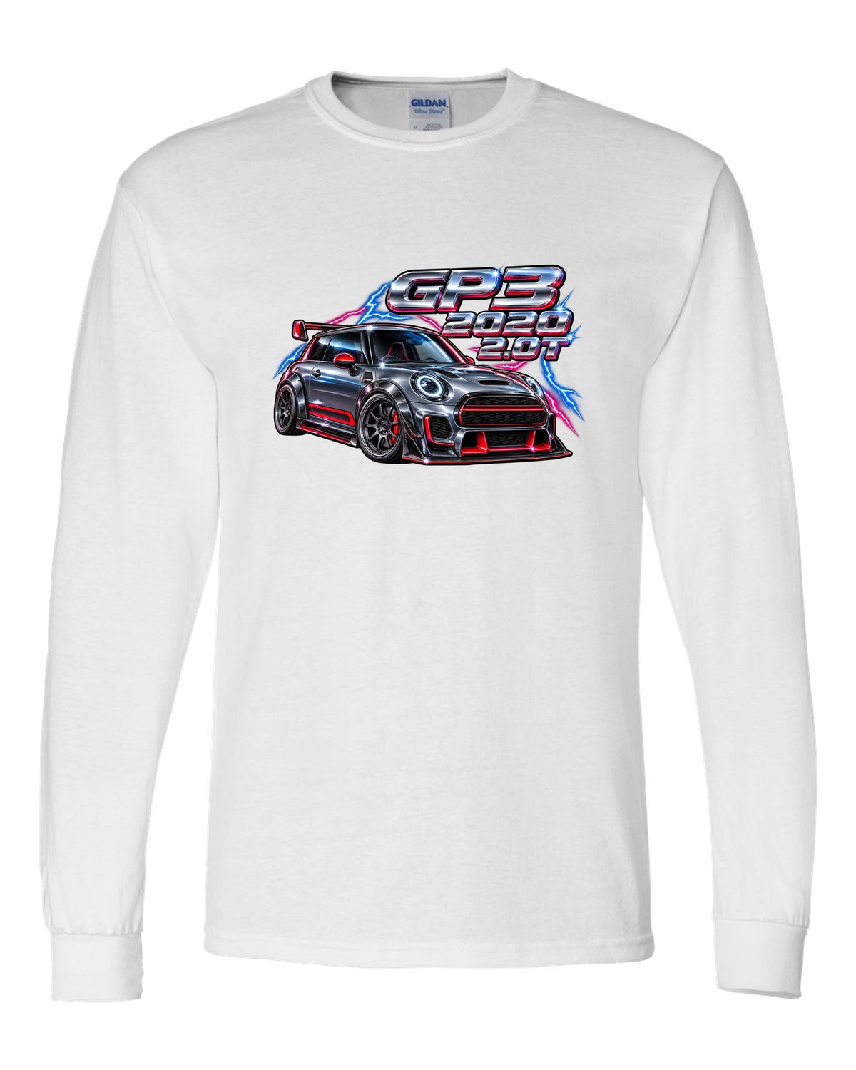 80s airbrush chrome artwork of the Mini JCW GP F56 GP3 white long sleeve front view with the design
