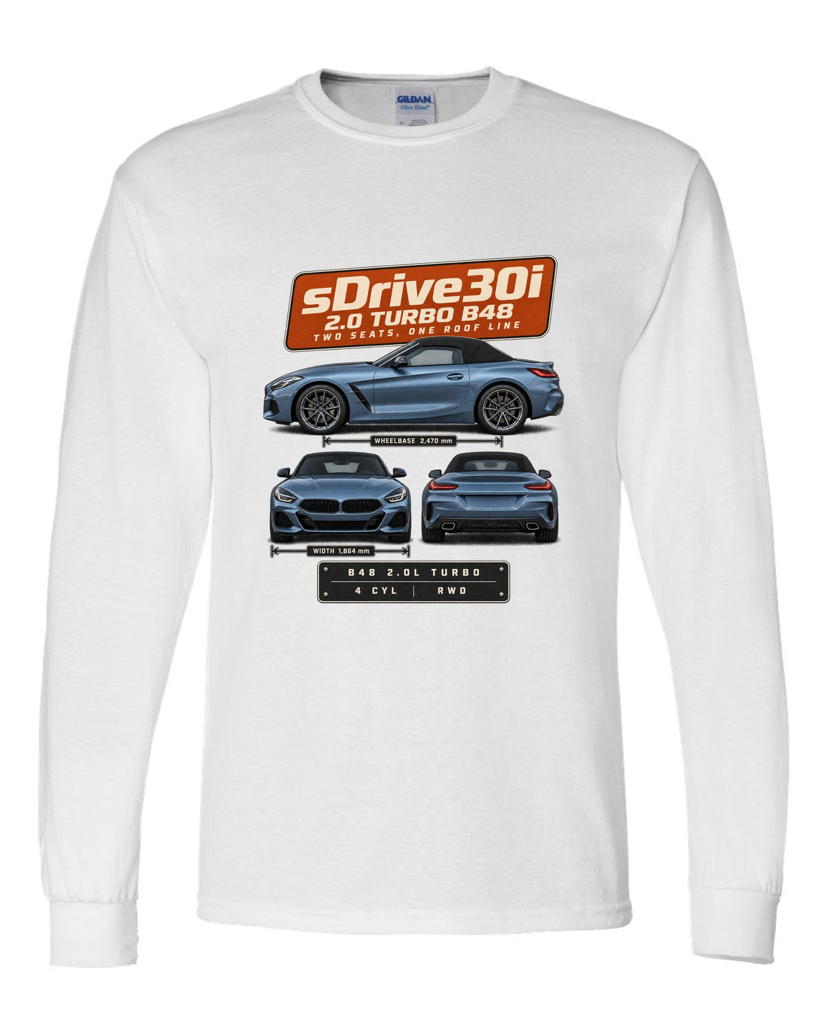 Three-view drawing and spec table print of the BMW Z4 sDrive30i G29 white long sleeve front view with the design