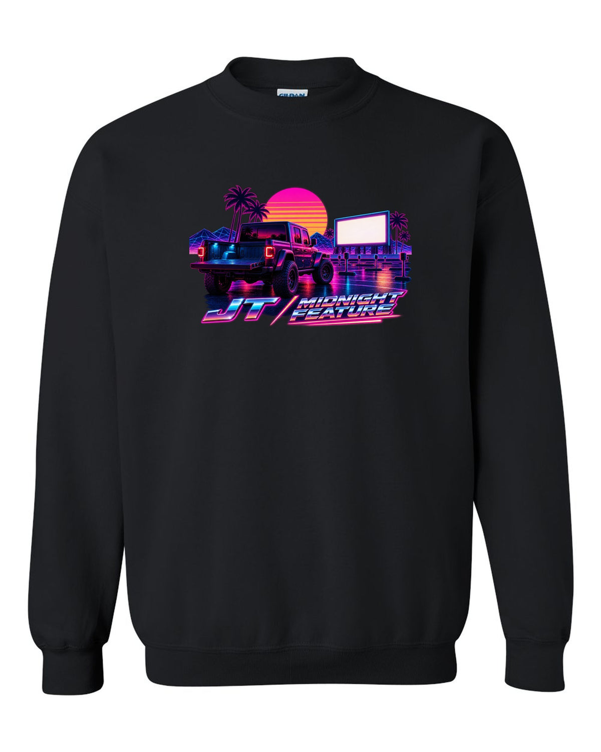 Jeep Gladiator JT synthwave outrun neon grid horizon with JT midnight feature text black crewneck front view with the design