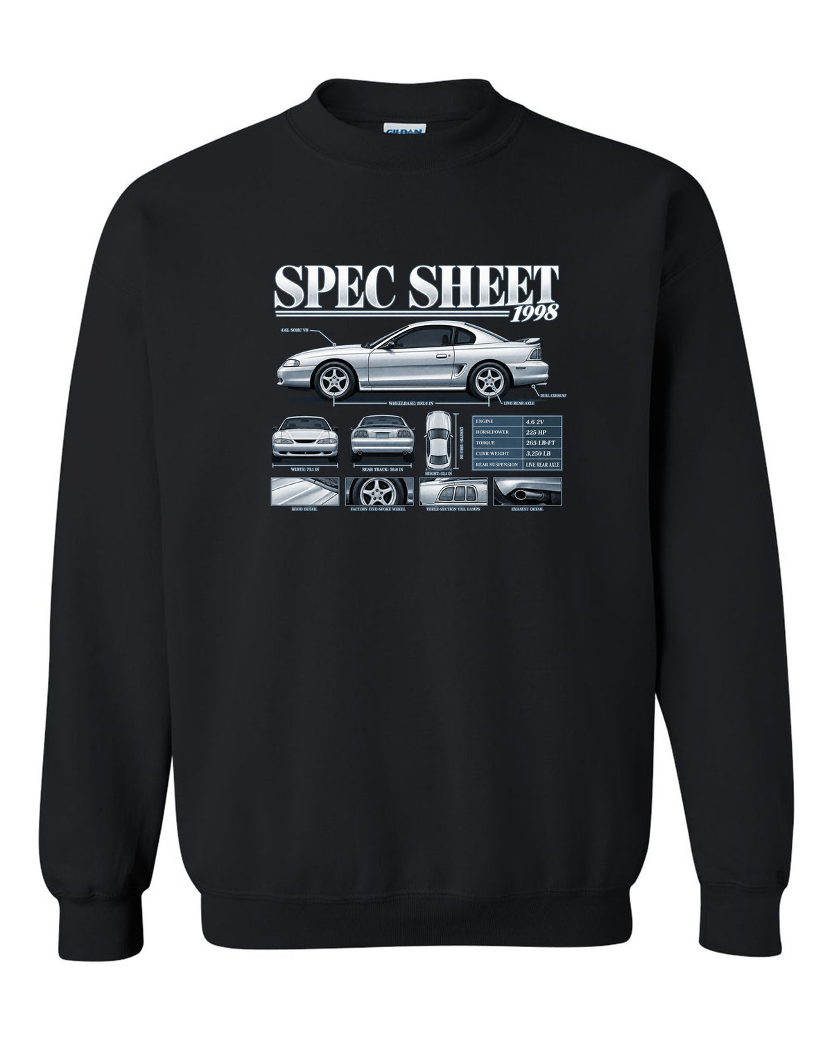 Spec sheet poster print of a 1998 SN95 Ford Mustang GT coupe black crewneck front view with the design