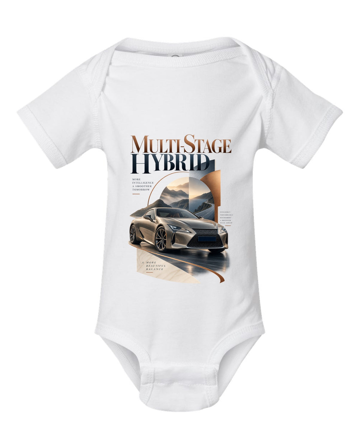 Editorial headline layout for the Lexus LC 500h hybrid white baby onesie front view with the design