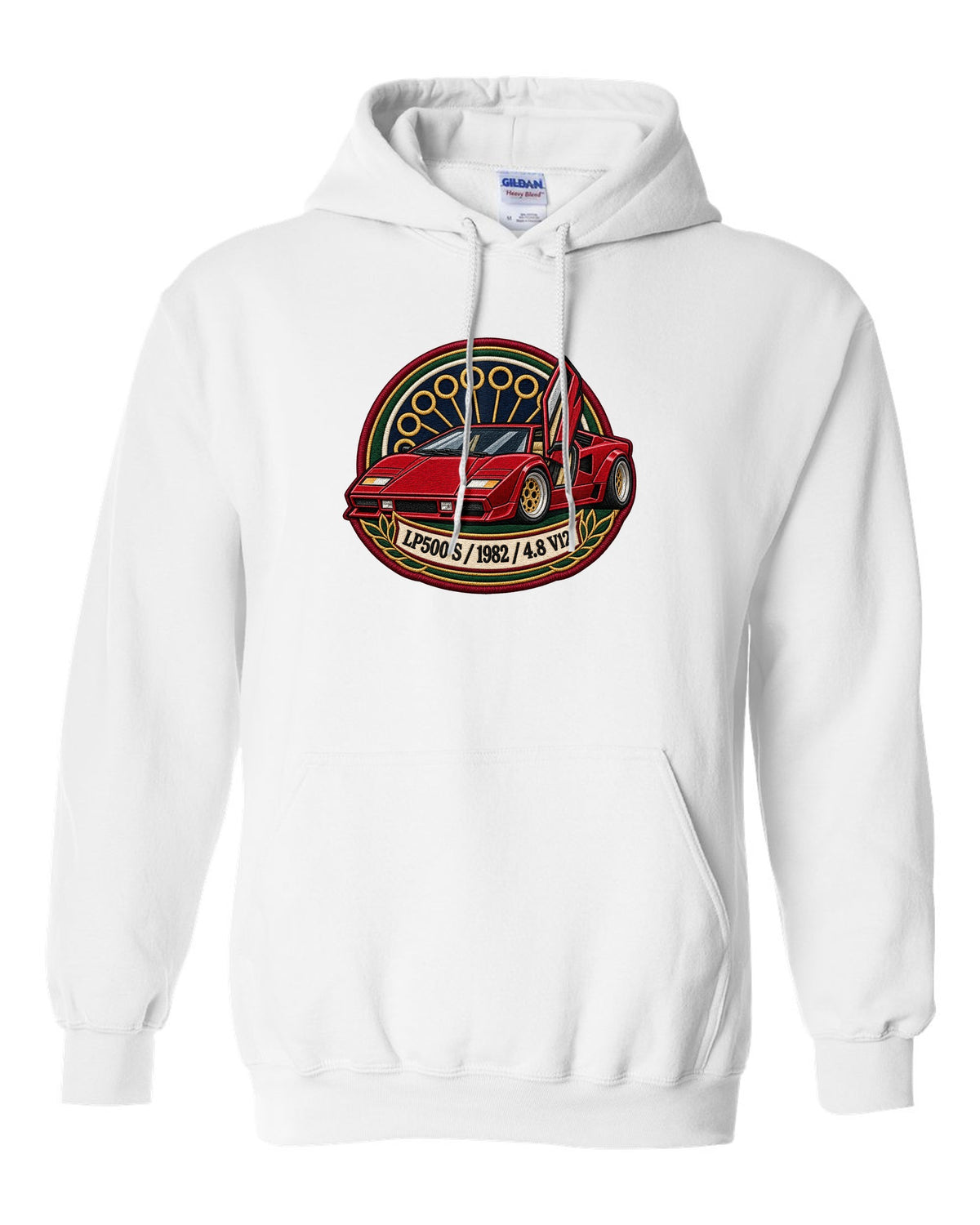 Varsity embroidery crest for a 1982 Lamborghini Countach LP500 S with 4.8 V12 lettering white pull over hoodie front view with the design