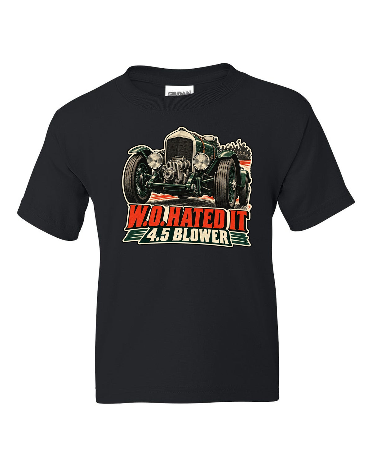Vintage race poster style print of the 1929 Bentley 4.5 Litre Blower with W.O. lettering black kids tee front view with the design