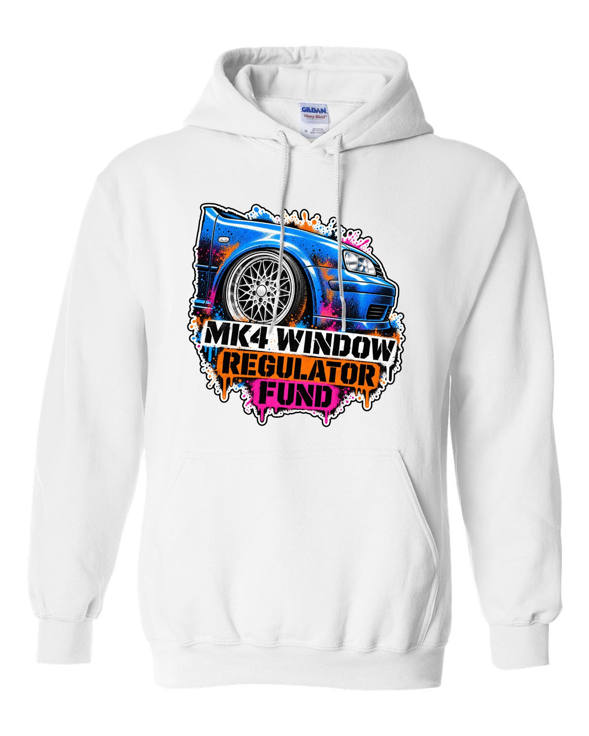 Stencil spray print of a VW Golf Mk4 with mesh wheels and window regulator fund text white pull over hoodie front view with the design