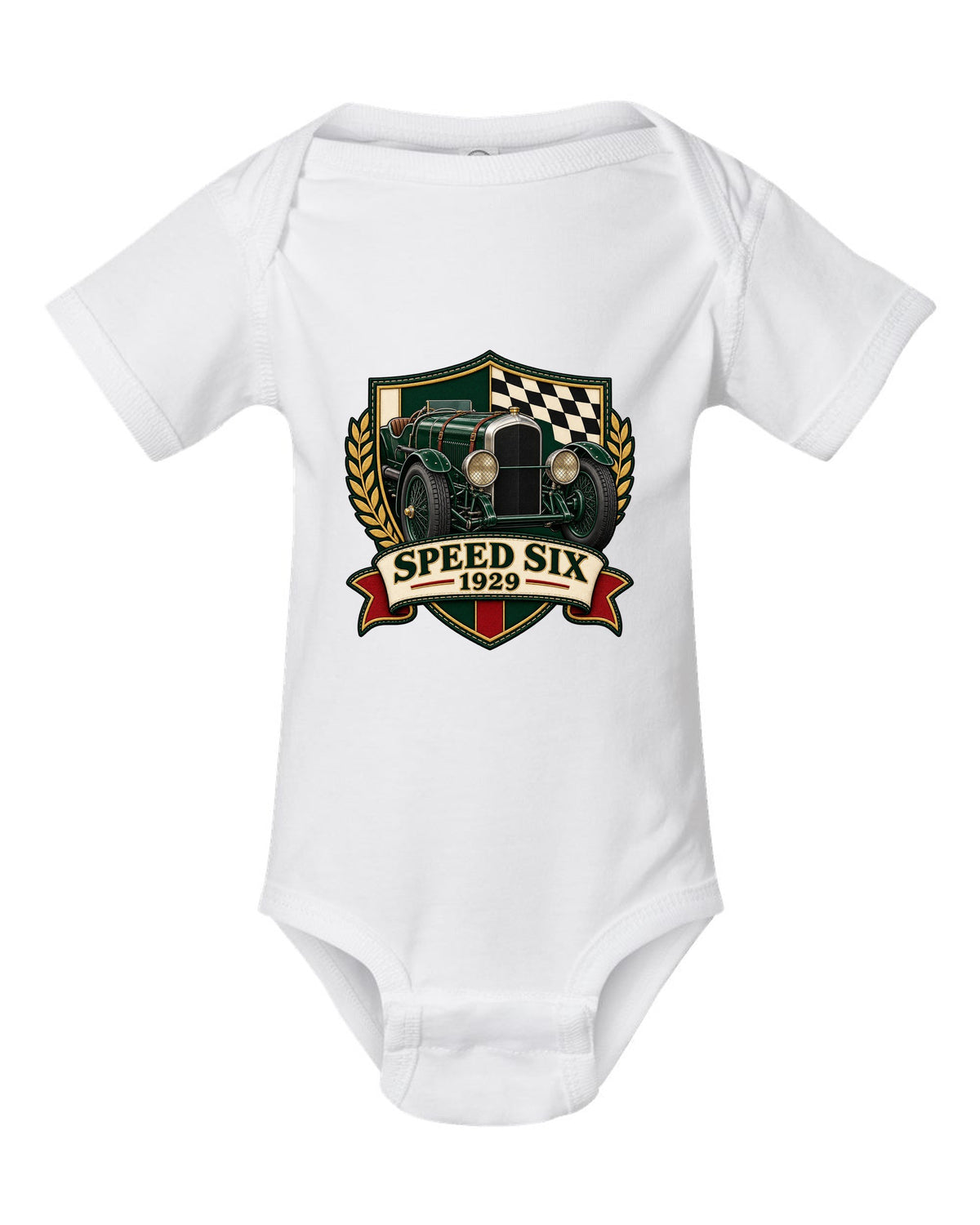 Varsity-style embroidered crest design for the 1929 Bentley Speed Six with SPEED SIX lettering white baby onesie front view with the design