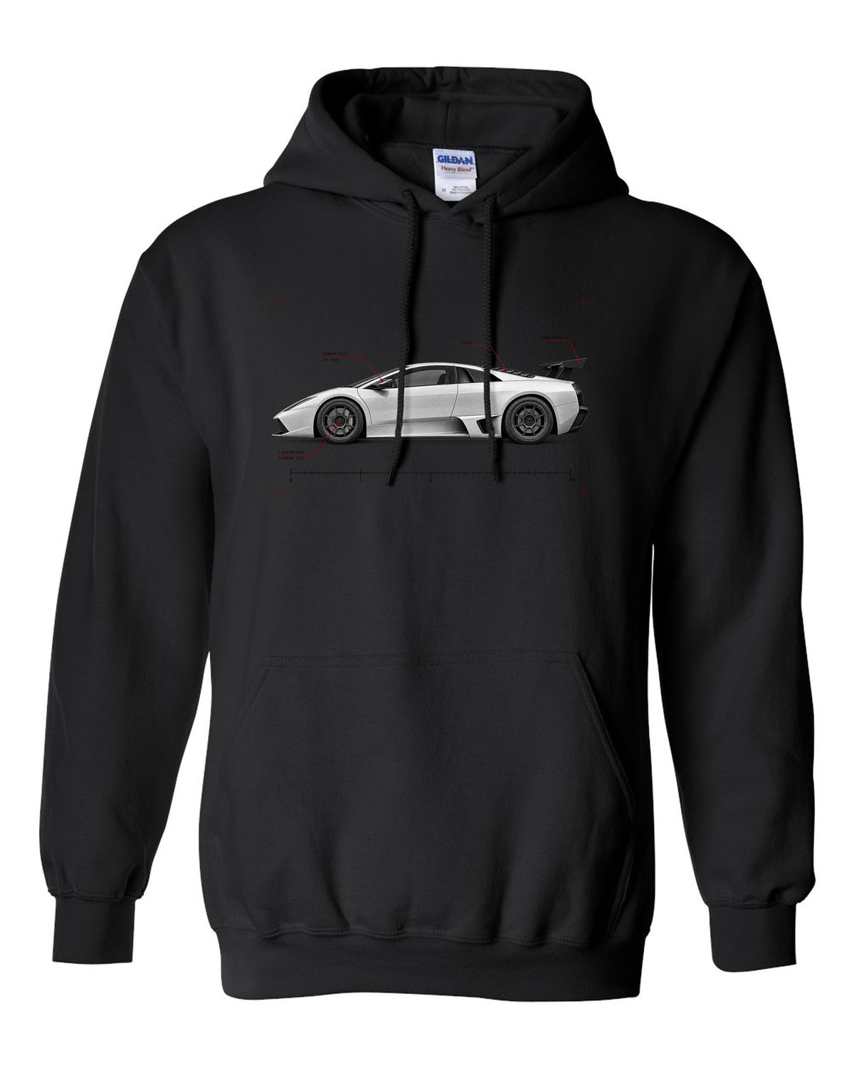 Spec poster print of a Lamborghini Gallardo Superleggera with 618 made and Carbon Diet text black pull over hoodie front view with the design
