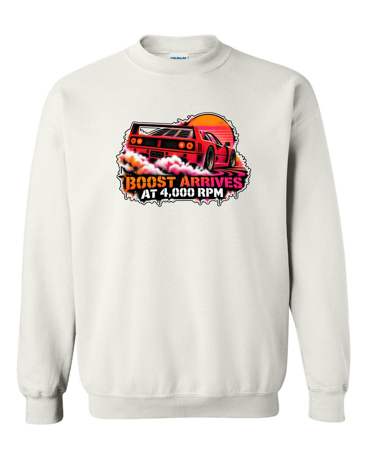Stencil spray street-art print of a 1987 Ferrari F40 F120 with burnout and boost at 4,000 rpm text white crewneck front view with the design