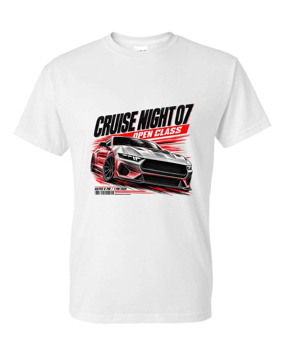 Ford Mustang S650 GT race poster print reading Cruise Night 07 Open Class white t-shirt front view with the design