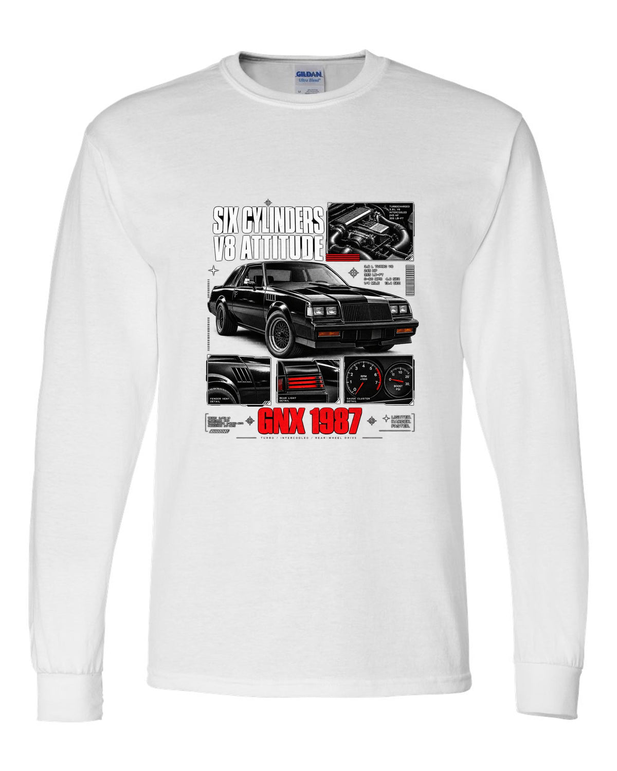print dossier panels of a 1987 Buick GNX with six cylinders V8 attitude lettering white long sleeve front view with the design