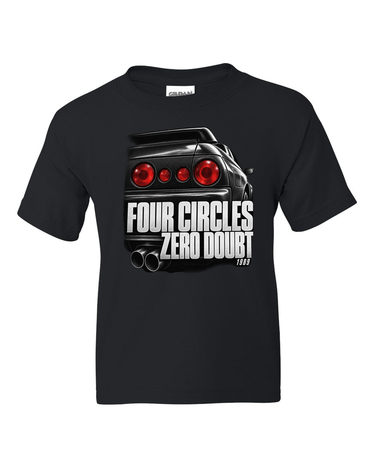 Close-up macro of the round taillights on a Nissan Skyline GT-R R32 with four circles lettering black kids tee front view with the design