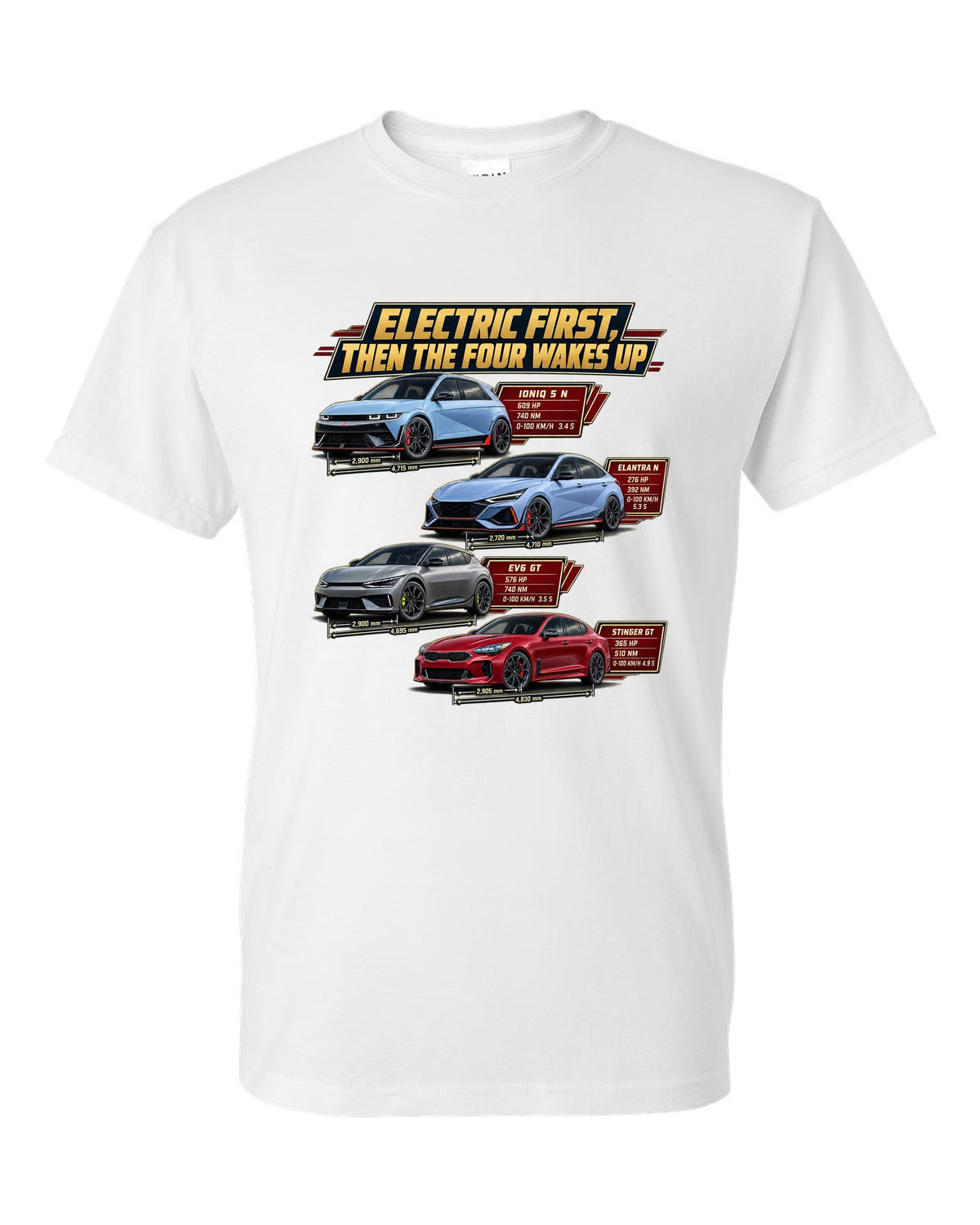 Polestar 1 spec poster print on a shirt white t-shirt front view with the design
