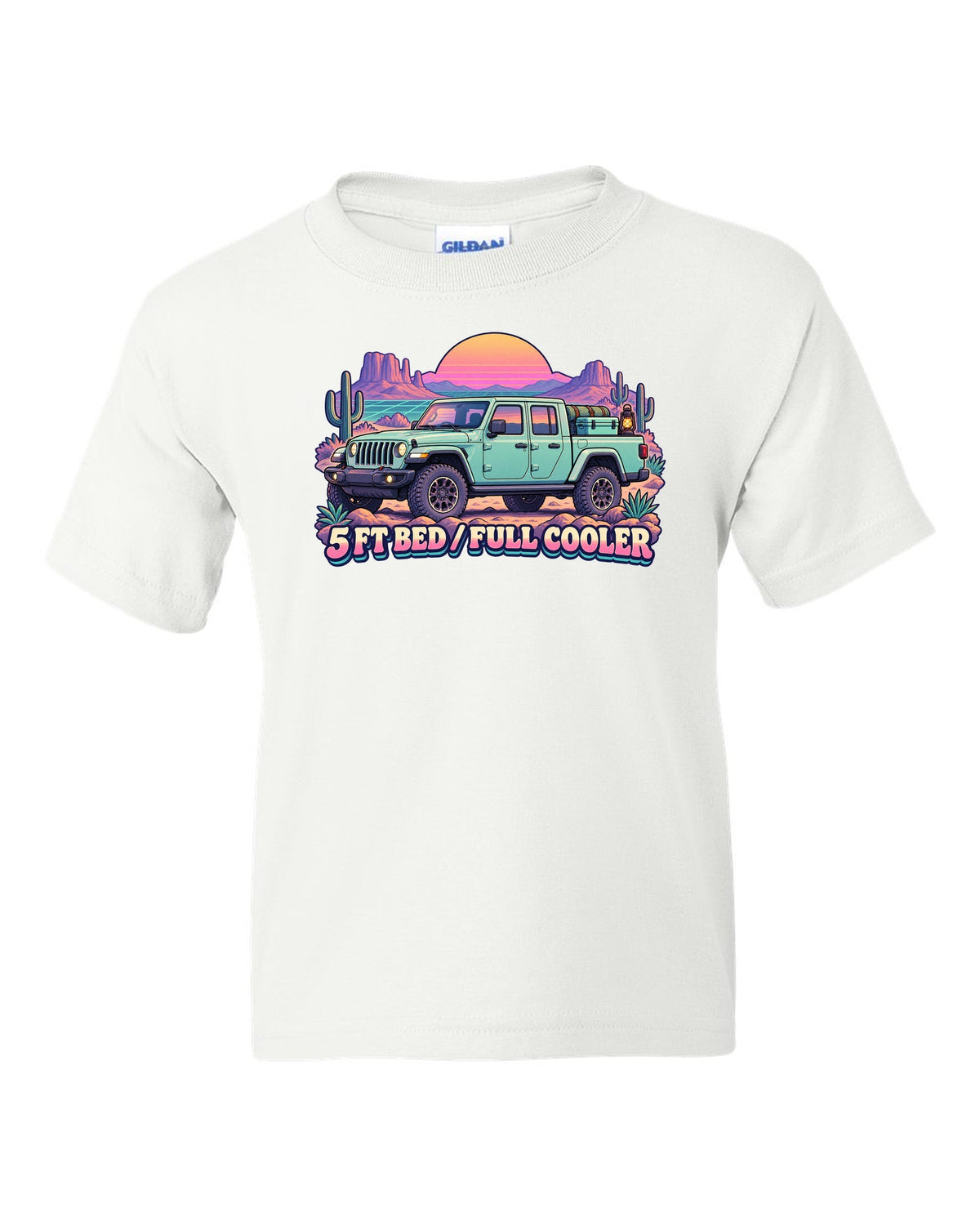 Vaporwave pastel print of a Jeep Gladiator JT in a desert camp with cooler text white kids tee front view with the design