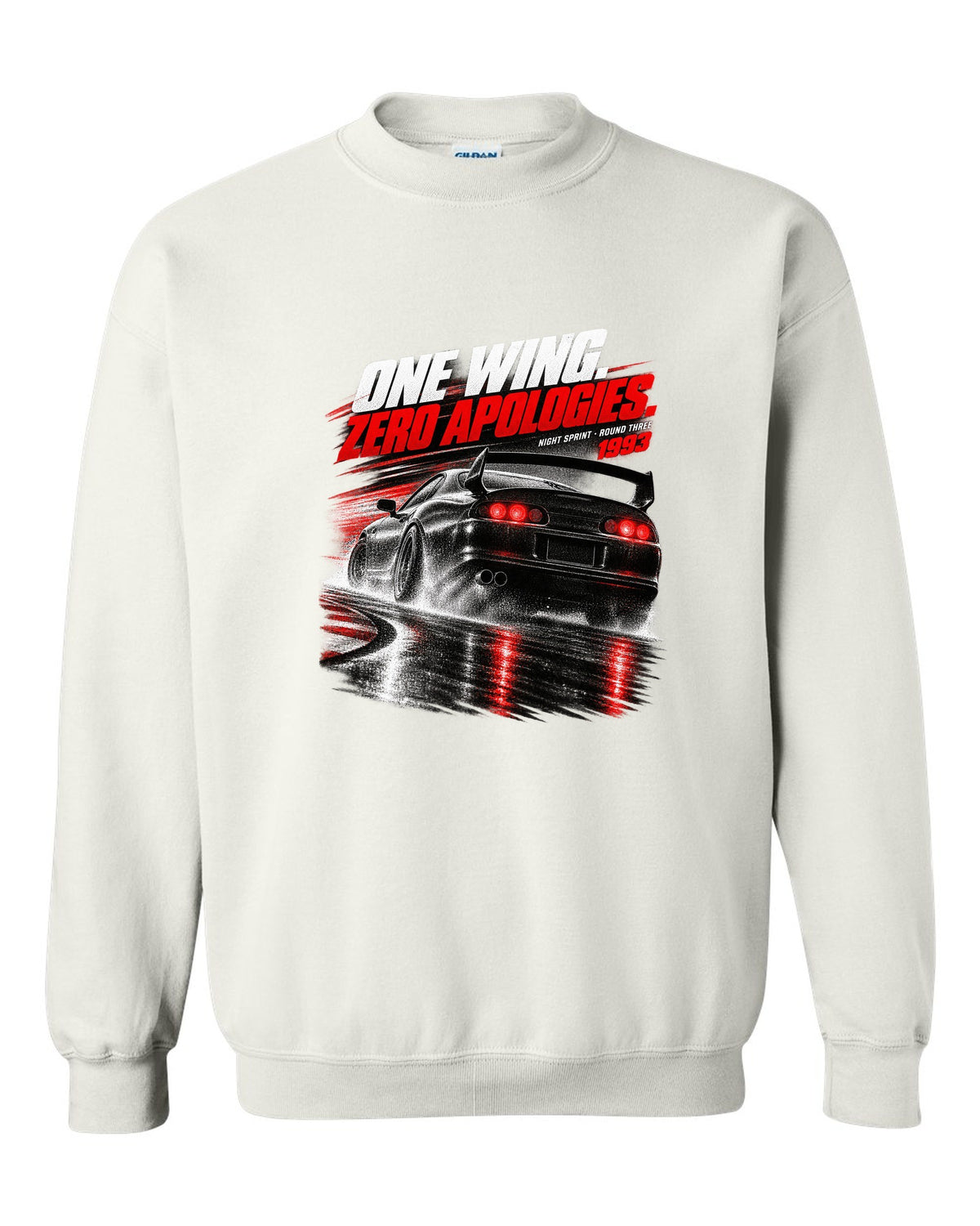 Race poster print of a Toyota Supra A80 JZA80 rear with the text One Wing Zero Apologies Round Three white crewneck front view with the design