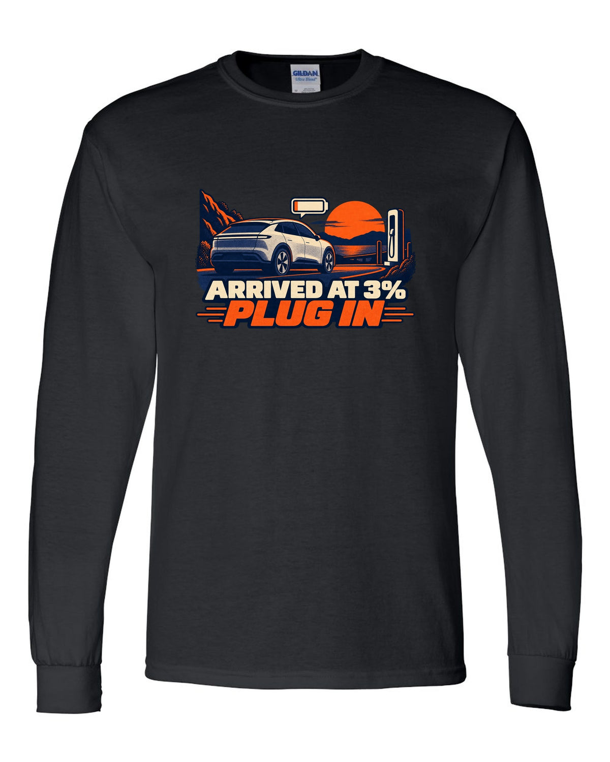 Risograph duotone print of a Tesla Model Y Juniper reading Arrived at 3% Plug In black long sleeve front view with the design