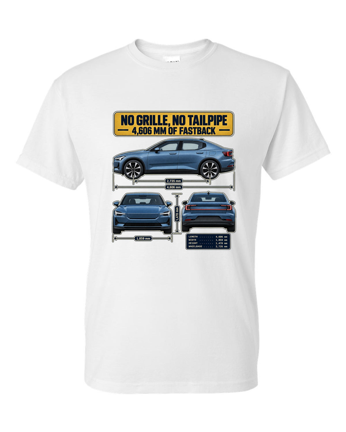 Three-view spec table print of a Polestar 2 fastback 2020-2023 white t-shirt front view with the design