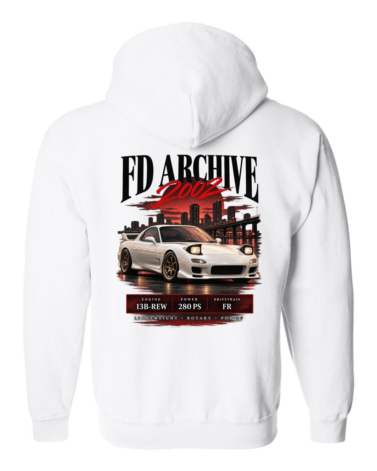 Archive panel print of the Mazda RX-7 FD3S Spirit R 2002 with spec lettering white zip hoodie back view with the design