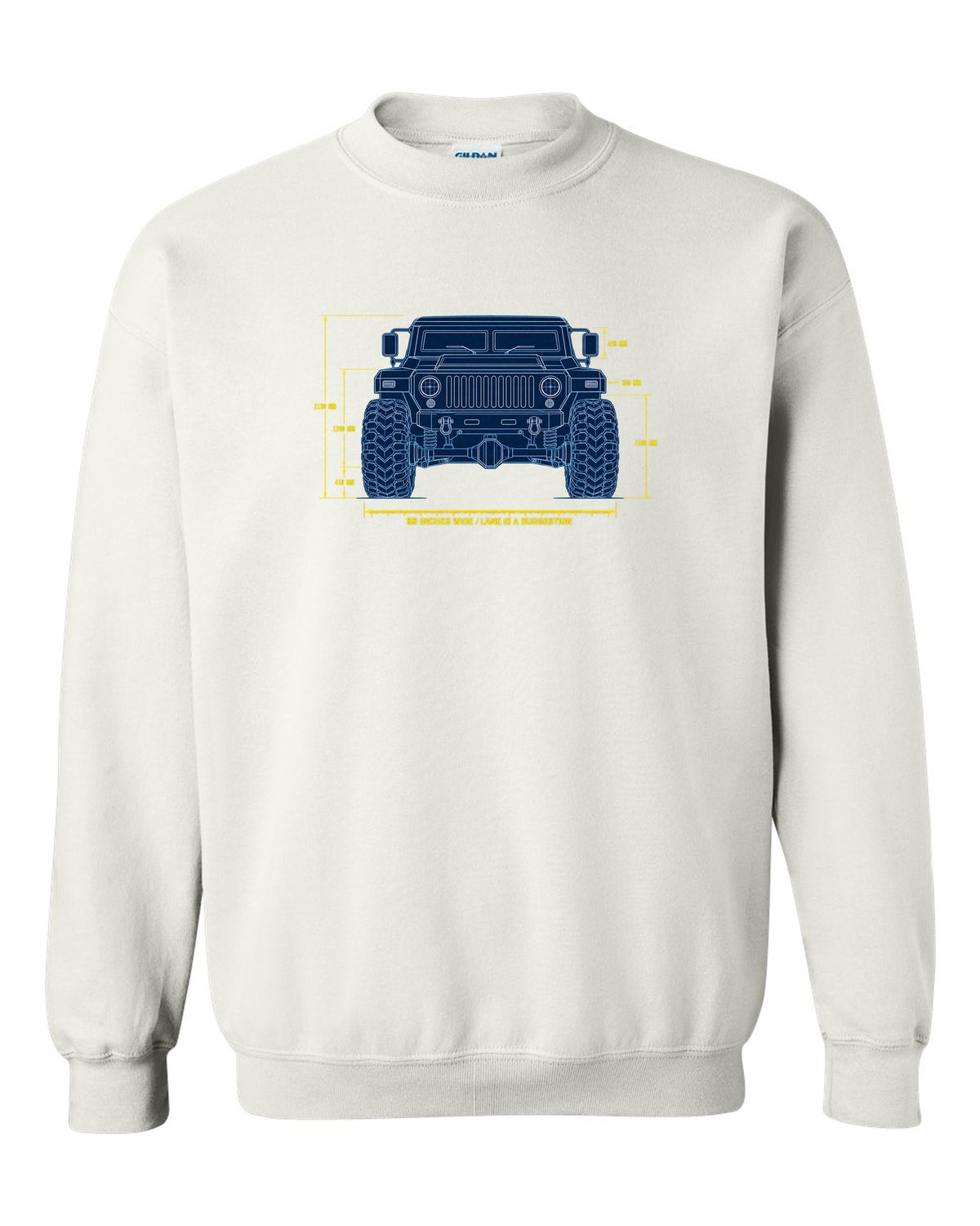 Blueprint patent line art print of the Hummer H1 M998 lineage with 86 inches wide text white crewneck front view with the design