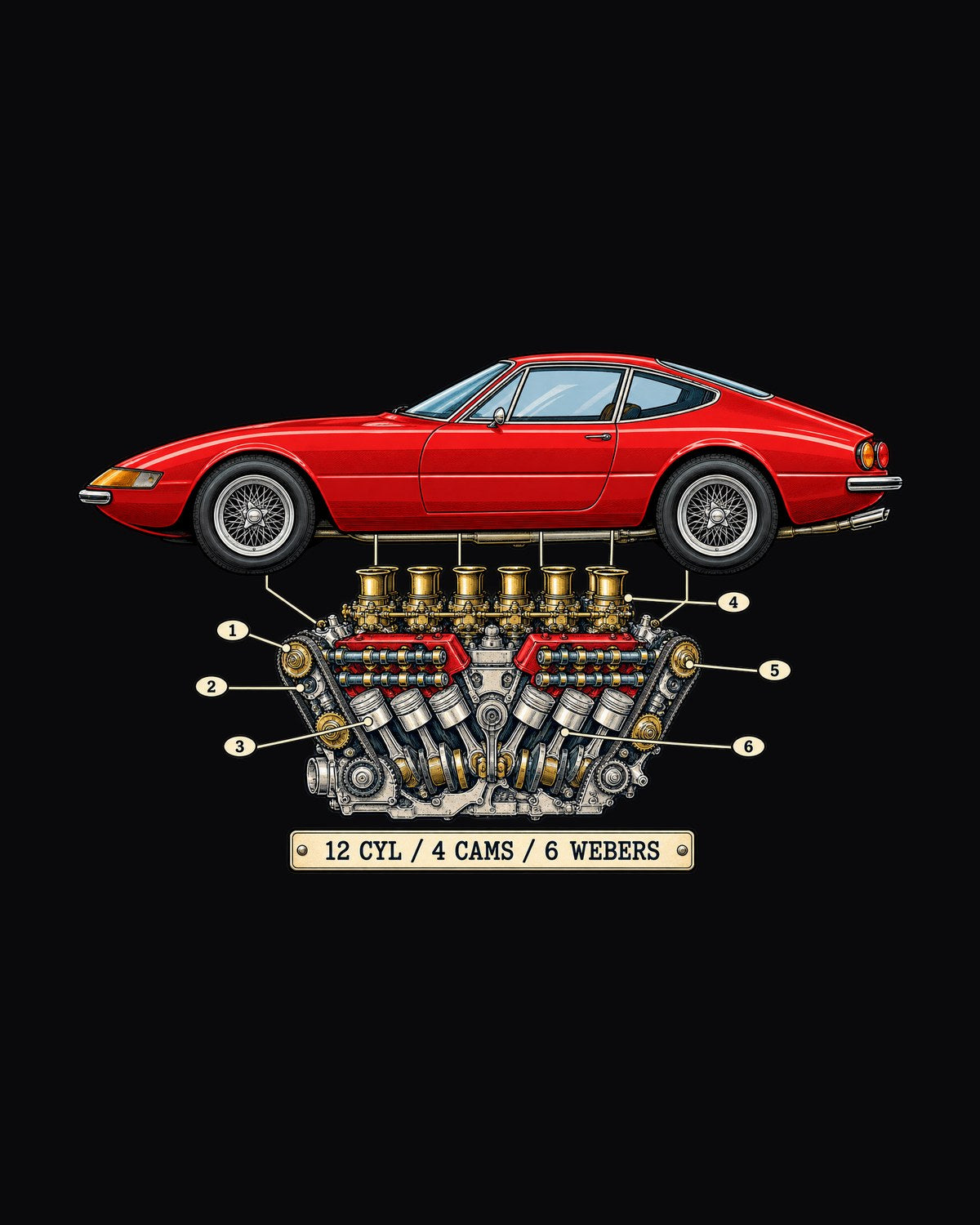 Twelve Pistons Patent Tee, Ferrari 365 GTB/4 Daytona design only