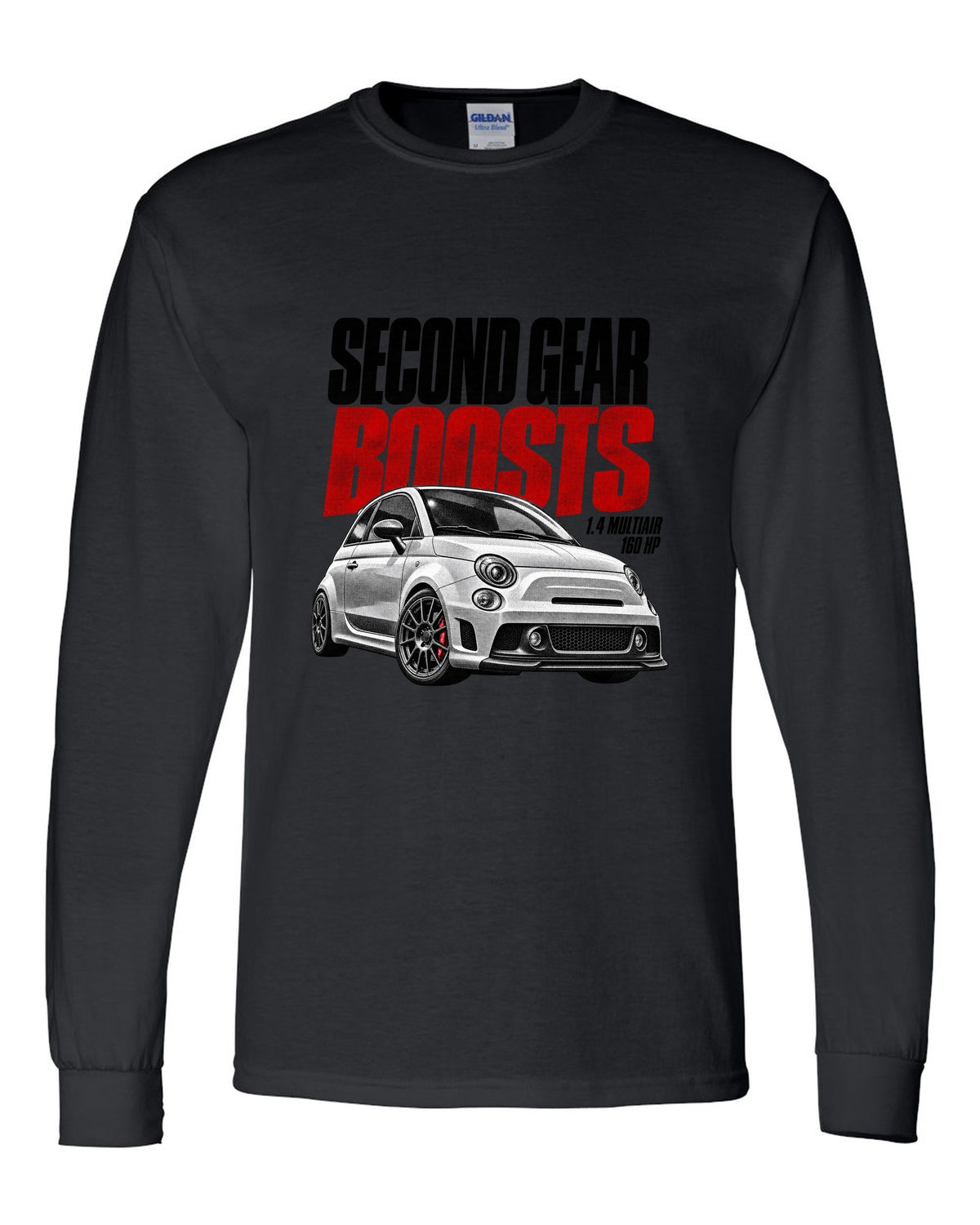 Halftone print of a Fiat 500 Abarth with 1.4 MultiAir and 160 HP text black long sleeve front view with the design