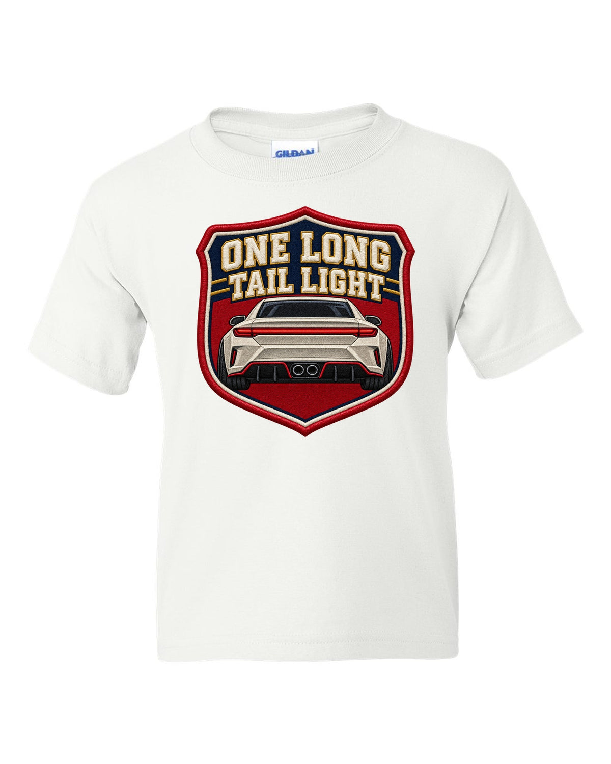Embroidery varsity crest print of a Hyundai Elantra N CN7 rear with one long tail light text white kids tee front view with the design