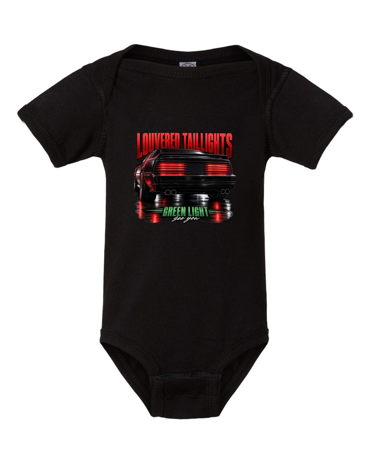 Macro print of a louvered Fox Body Mustang GT taillight, 1987-93 black baby onesie front view with the design