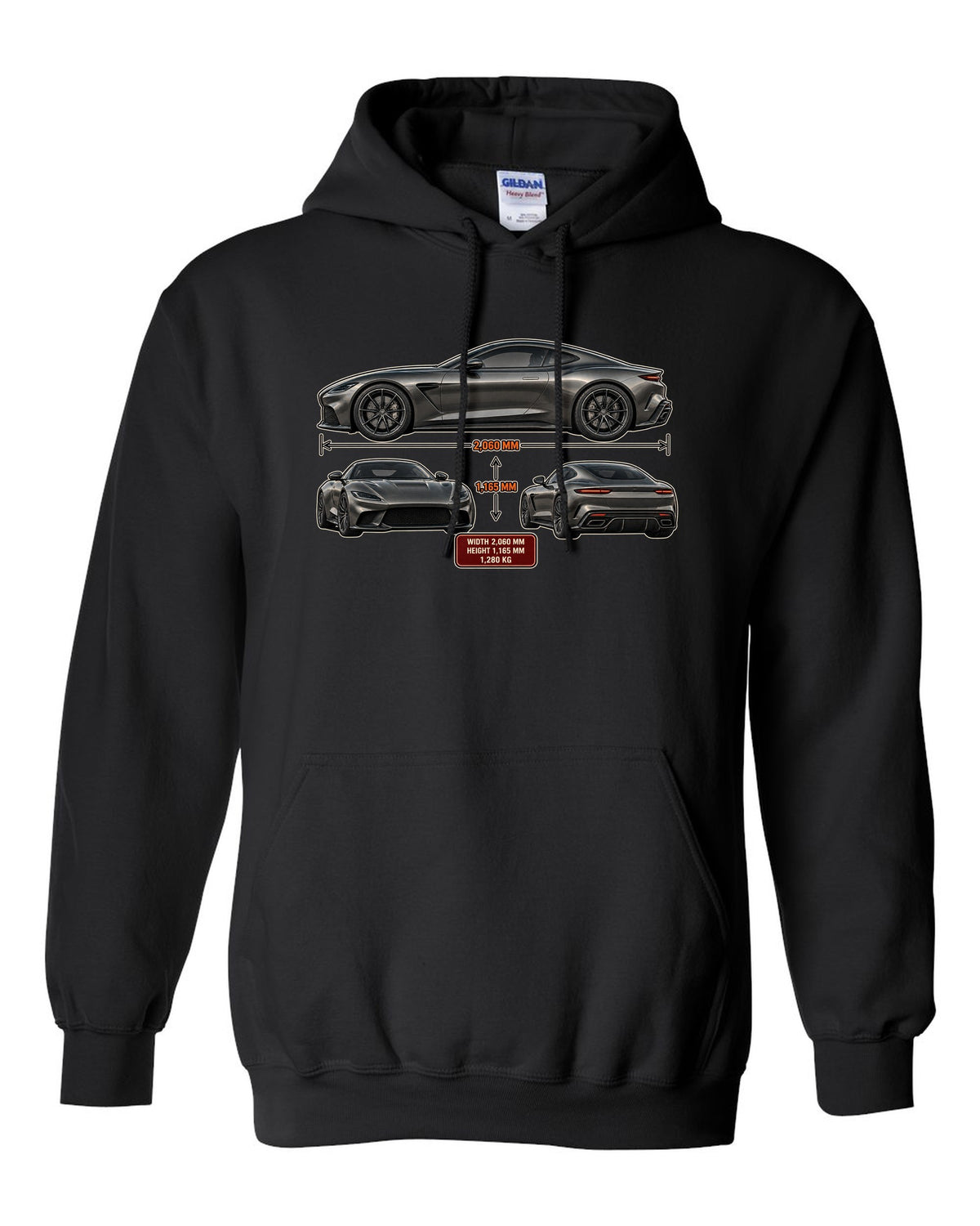 Three-view spec sheet print of the Pagani Utopia coupe with width 2,060 mm, height 1,165 mm, 1,280 kg black pull over hoodie front view with the design