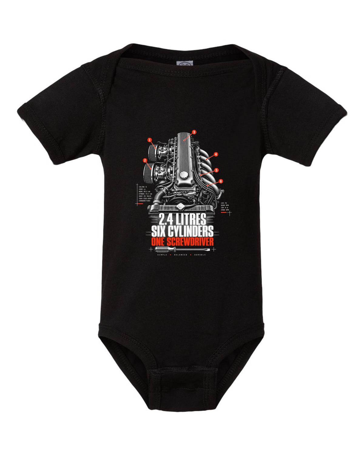 print of a Datsun 240Z L24 engine bay with six cylinders and screwdriver lettering black baby onesie front view with the design