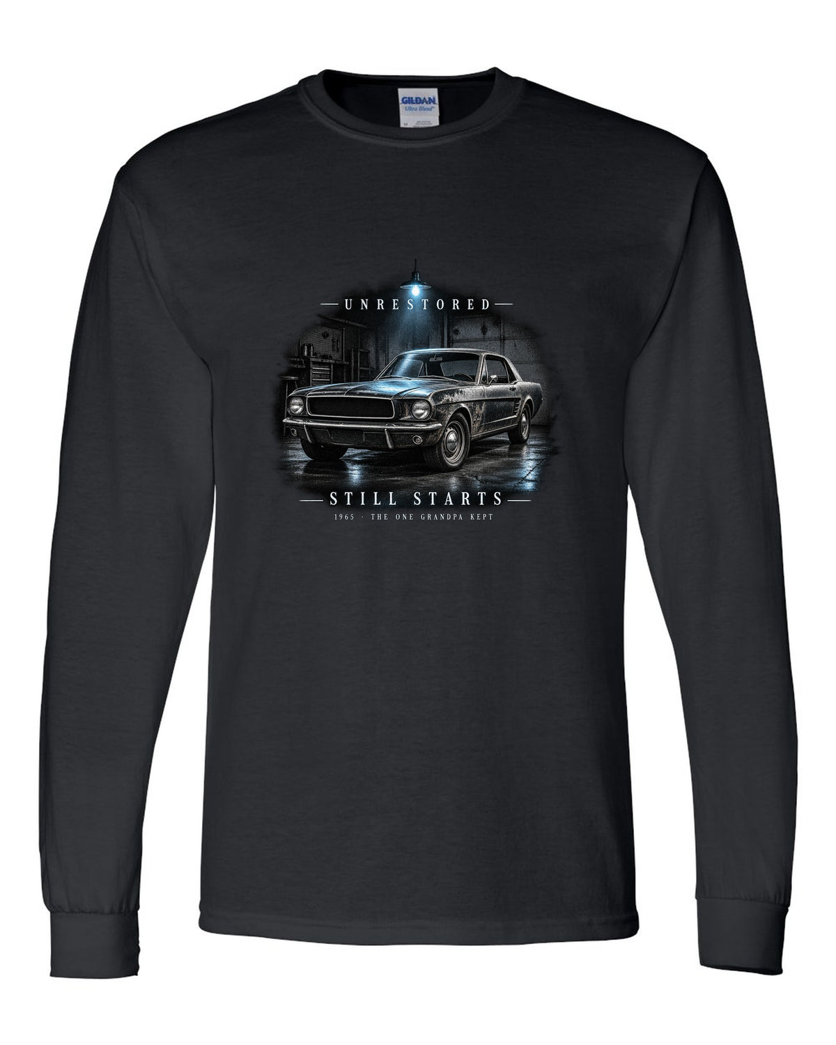 Garage night illustration of a white 1965 Ford Mustang coupe with unrestored still starts lettering black long sleeve front view with the design