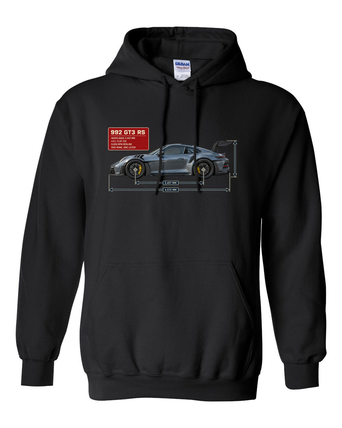 Porsche 992 GT3 RS dimension blueprint print design black pull over hoodie front view with the design