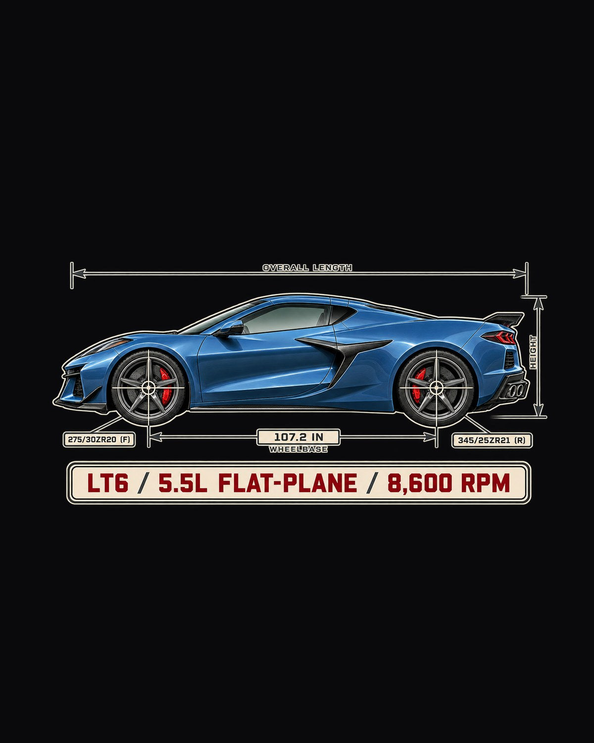 Corvette C8 Z06 LT6 Blueprint Tee, Flat-Plane V8 Car Shirt design only
