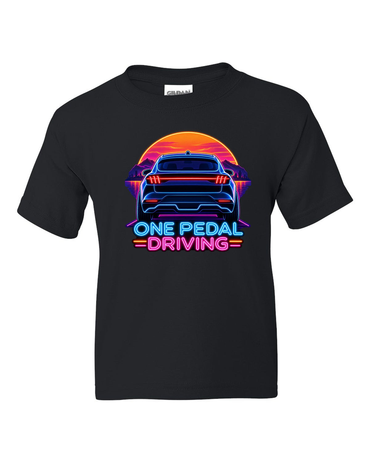Neon sign print of the 2020 Mustang Mach-E CX727 tail bar reading One Pedal Driving black kids tee front view with the design