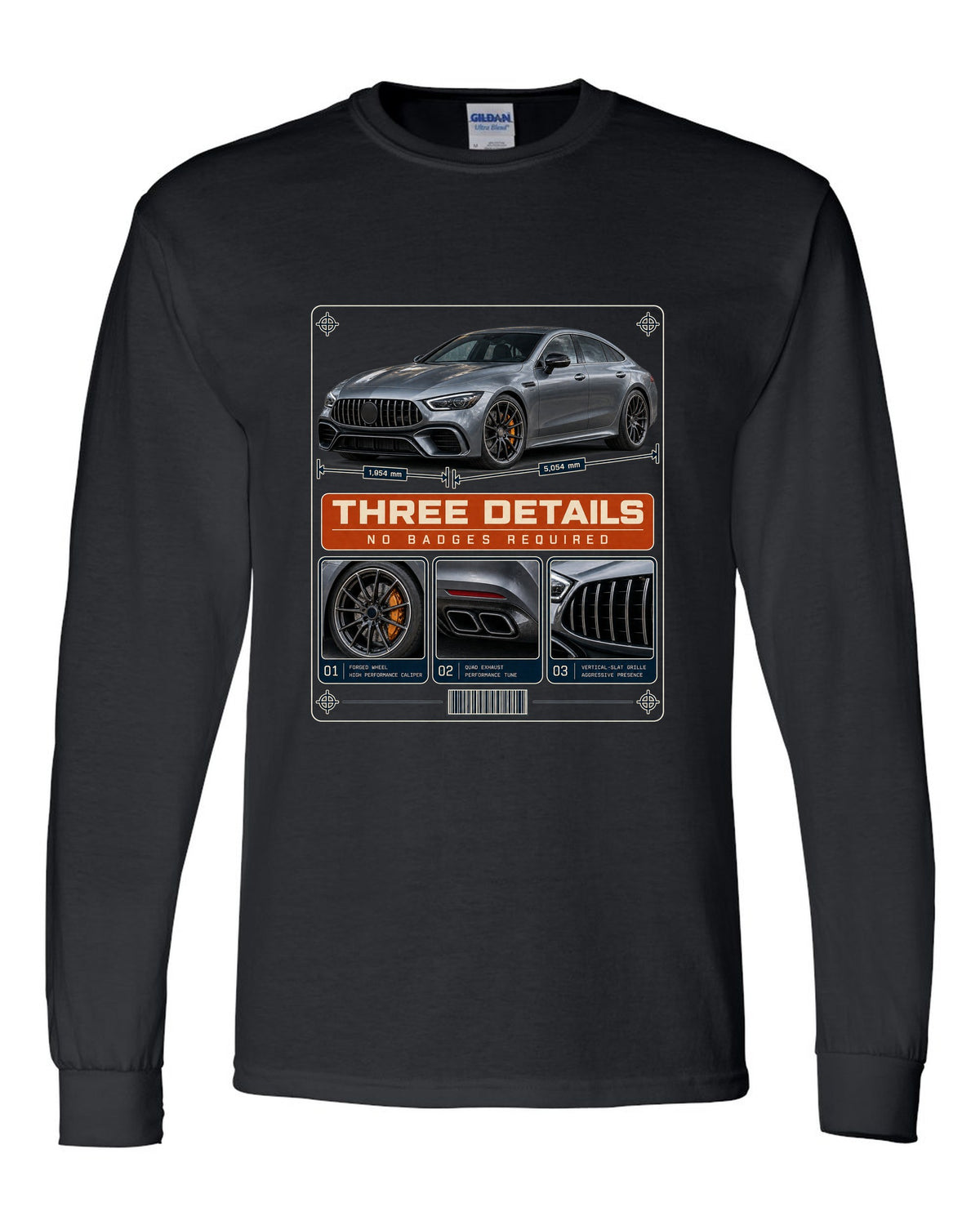 Mercedes-AMG GT 63 S 4-Door X290 dossier panel design in slate and orange black long sleeve front view with the design