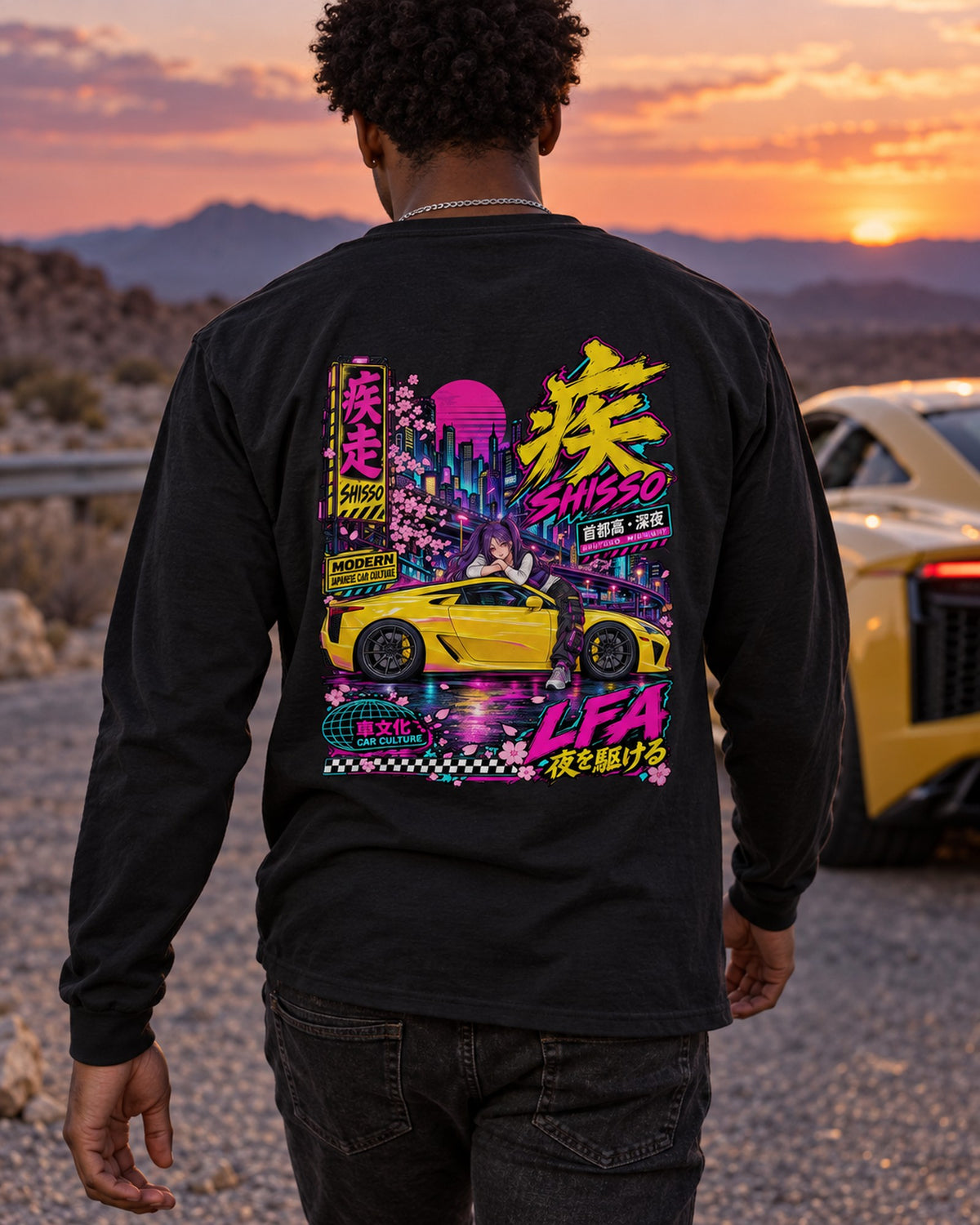 SHISSO LFA Anime Girl Full-Back Graphic Tee Long Sleeve Black worn hero