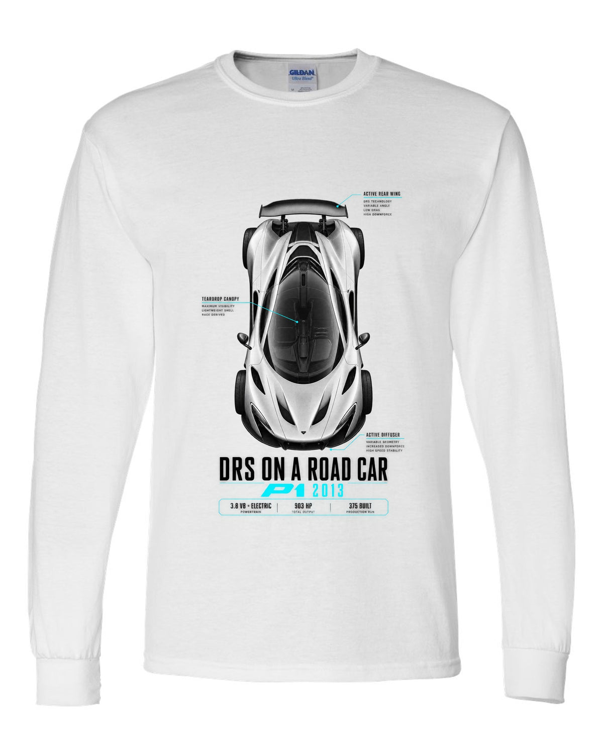 Spec poster print of a 2013 McLaren P1 with DRS on a road car text white long sleeve front view with the design